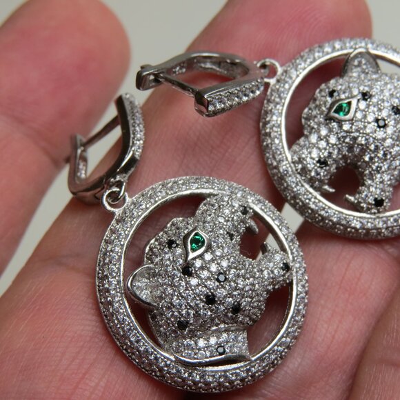 *Sterling Silver Diamond & Emerald Panter Earring - Picture 2 of 4